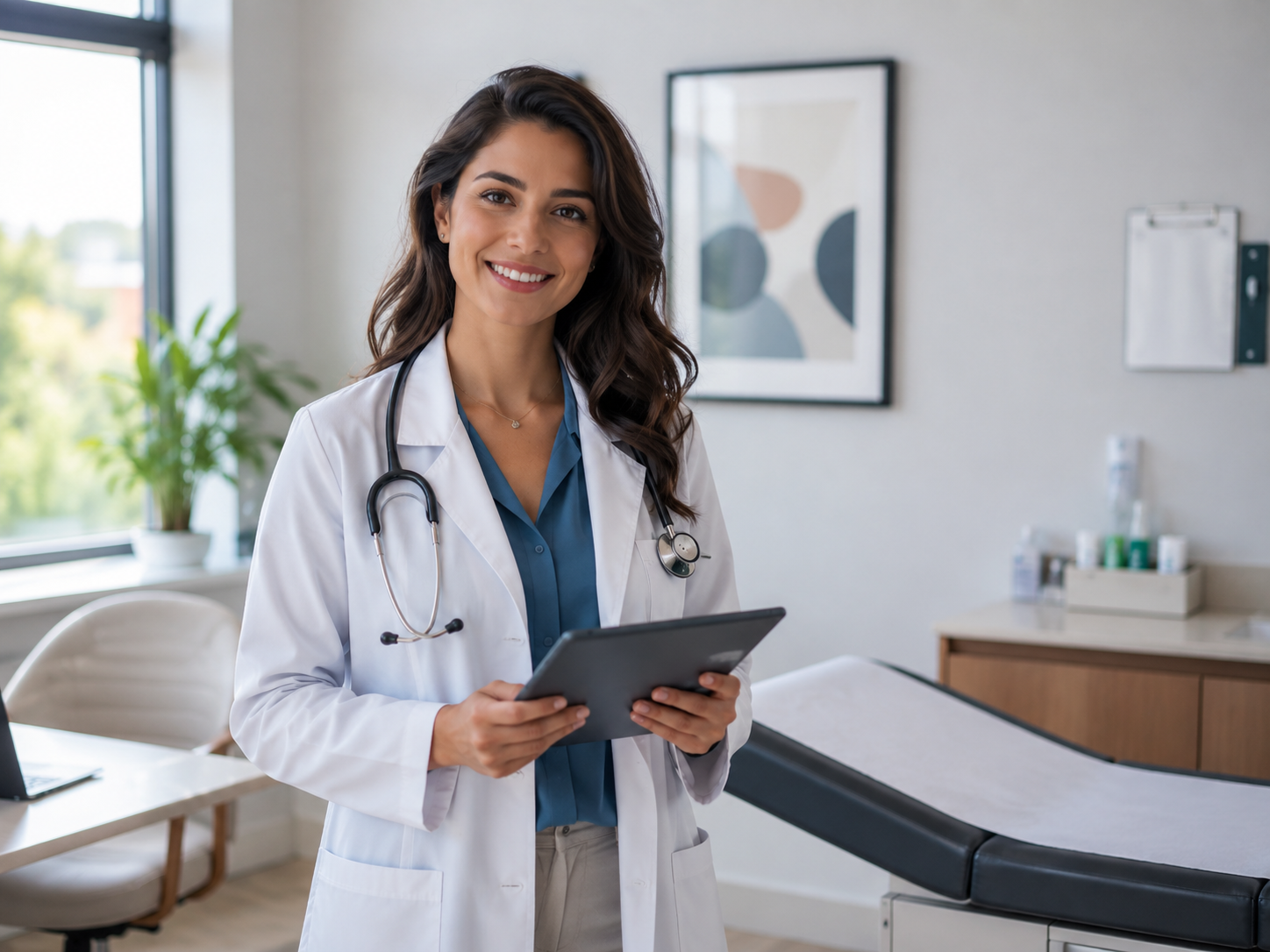 A clinician holding a tablet in a bright healthcare office