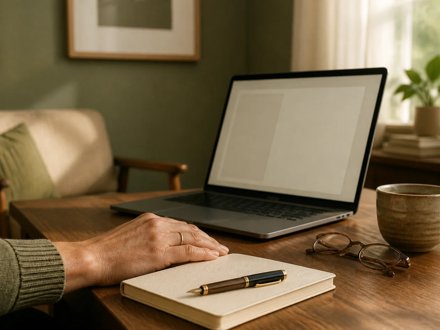 A therapist's closed notebook beside a laptop at the end of the day