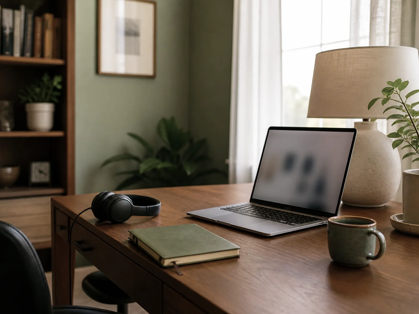 A laptop prepared for a telehealth session in a warm therapy office