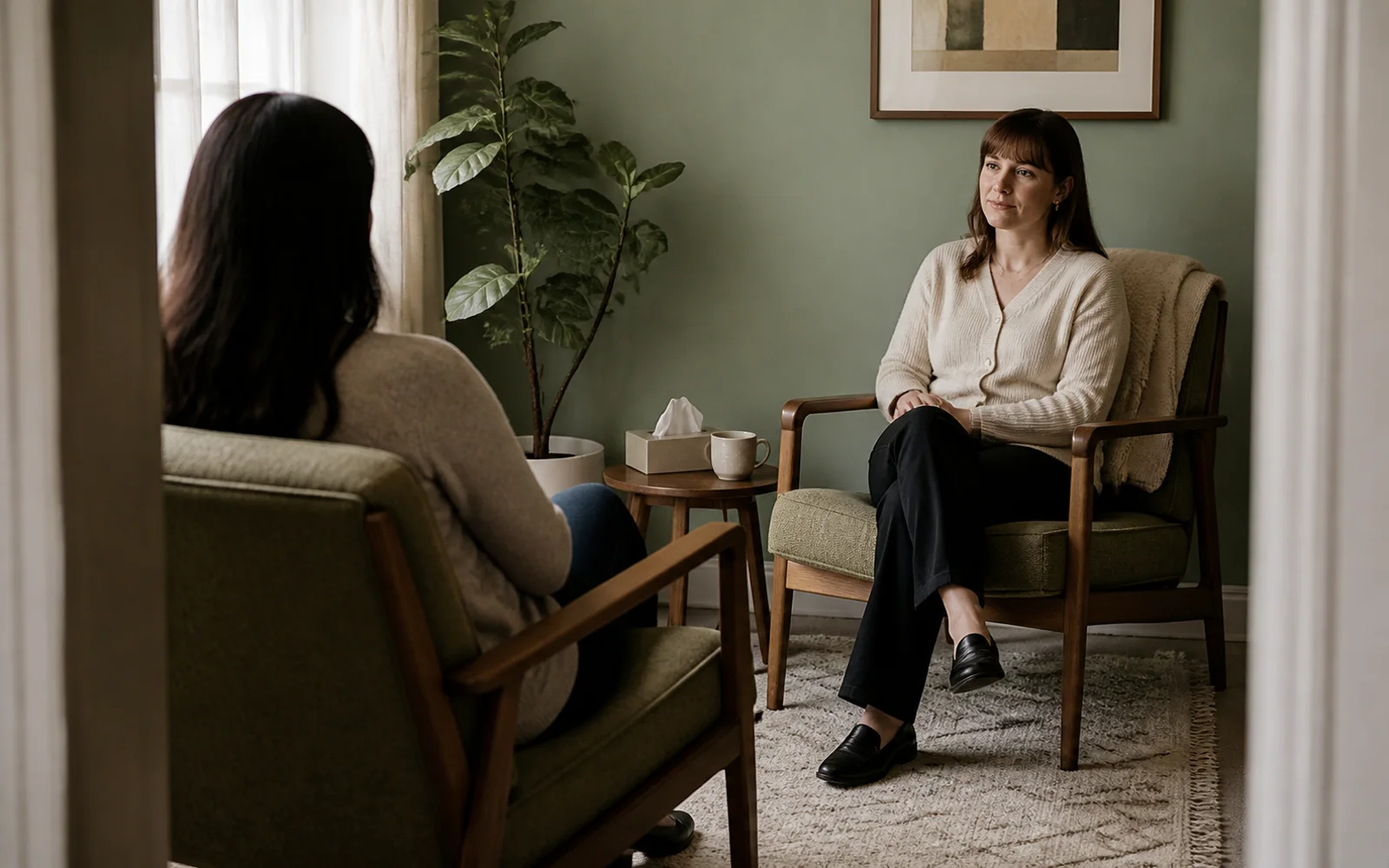 A therapist listening attentively to a client in a quiet therapy room